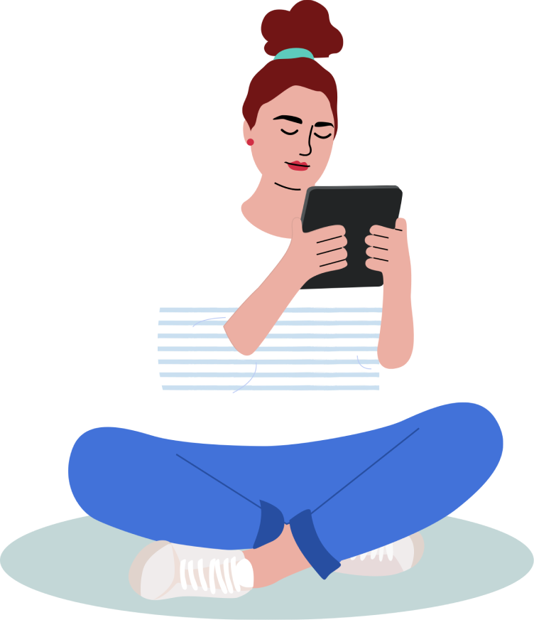 Illustration portrait d'une lectrice lisant un ebook sur sa tablette. Elle est assise, les jambes croisées sous elle. Elle semble absorbée par sa lecture.